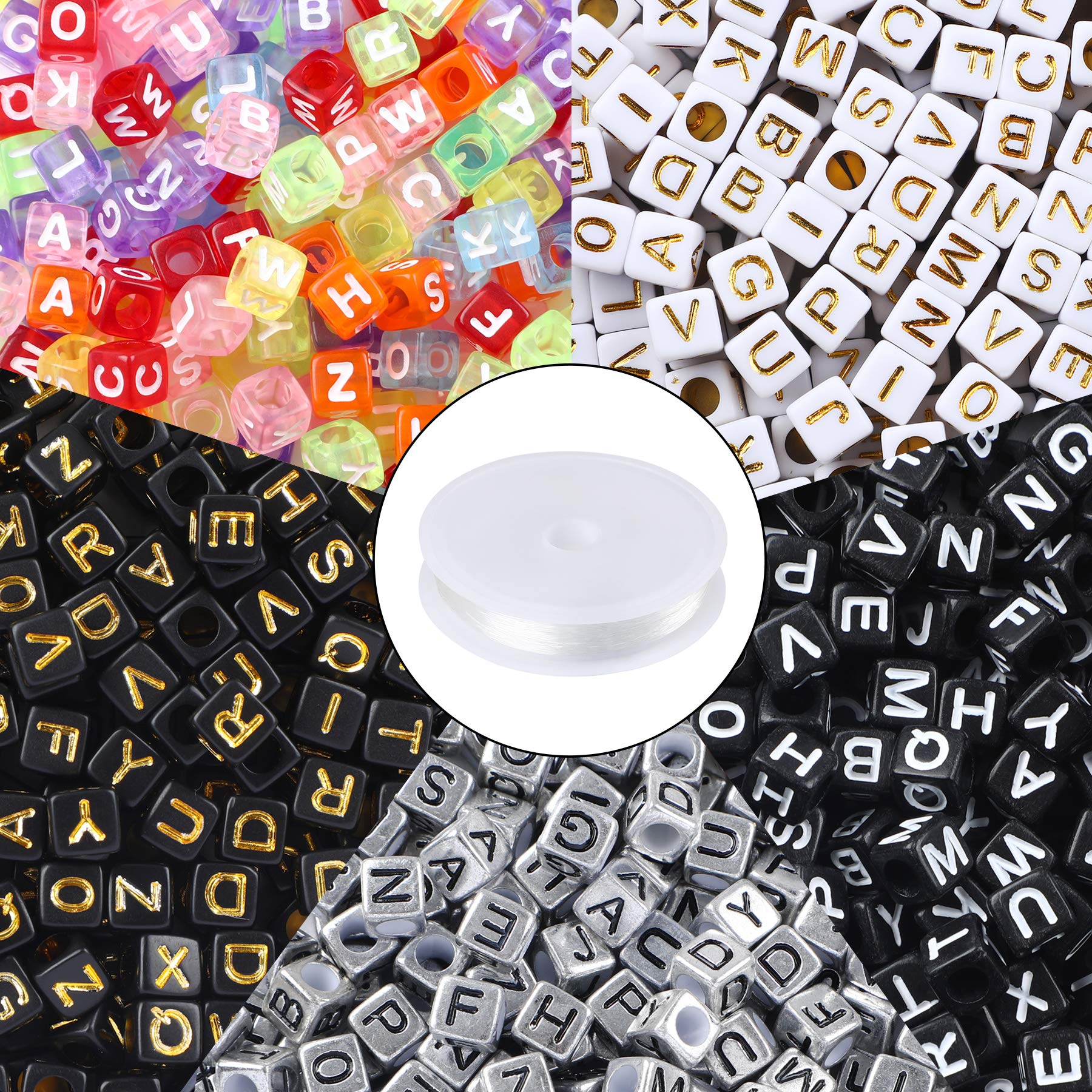 1400pcs 5 Color Acrylic Alphabet Cube Beads Letter Beads with 1 Roll 50M Crystal String Cord for Jewelry Making (5colors B)