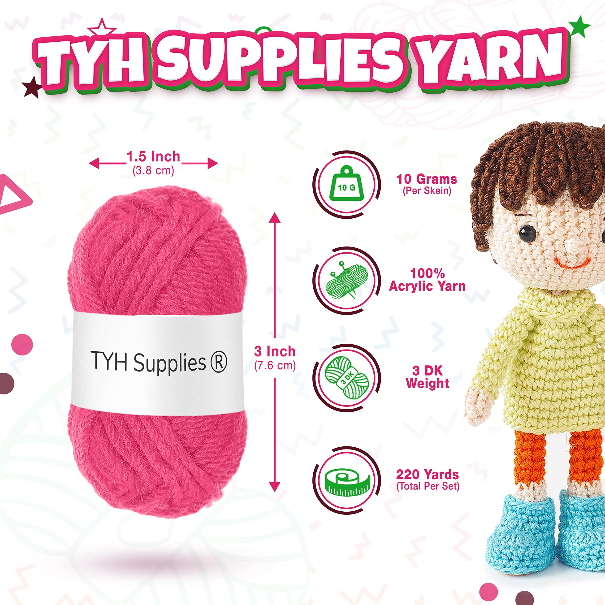 TYH Supplies 10 Color Assorted Acrylic Yarn Pack | 220 Yard Soft Medium Weight Mini Beginner Set | Multipack for Amigurumi & Crafts