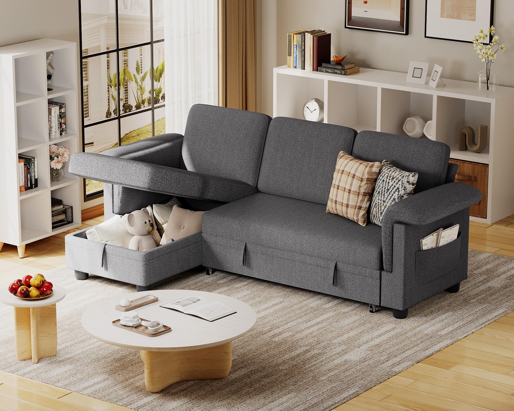 JUMMICO Sleeper Sofa L-Shaped Pull Out Sofa Bed with Storage Space ...