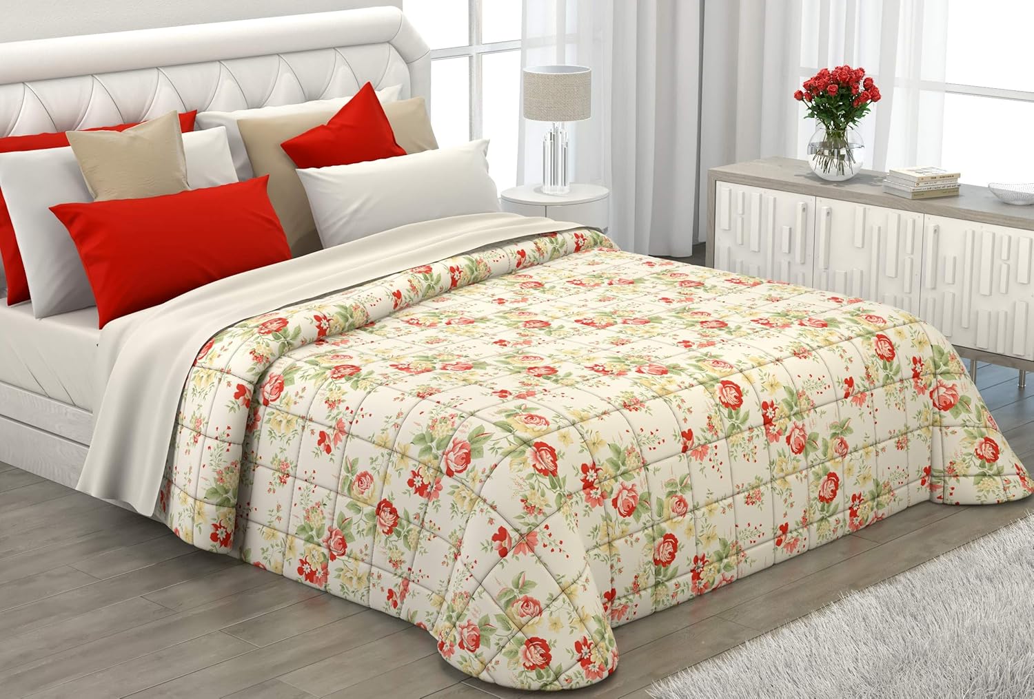 Copriletto Trapuntato Matrimoniale Arles - 250x250 Cm Bicolore Con Balze, Microfibra