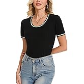 BERESIA Women's Short Sleeve Scoop Neck Tshirts Color Block Slim Fit Ribbed Knit Summer Basic Casual Tee Tops