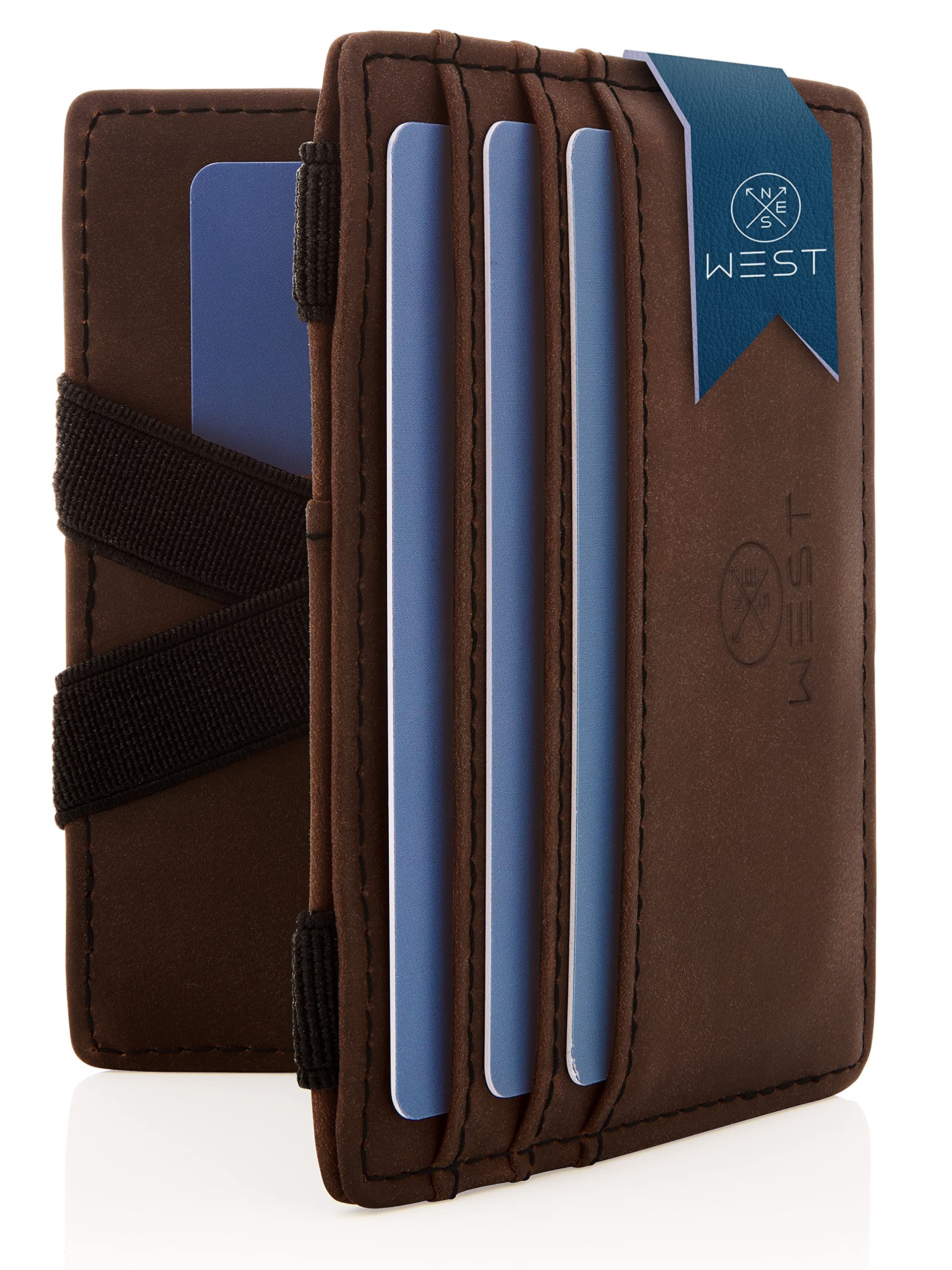 West - Magic Wallet with Coin Compartment + Gift Packaging - RFID Wallet for Men Compact & Small - Extra Strong Money Bands (Brown-Black)