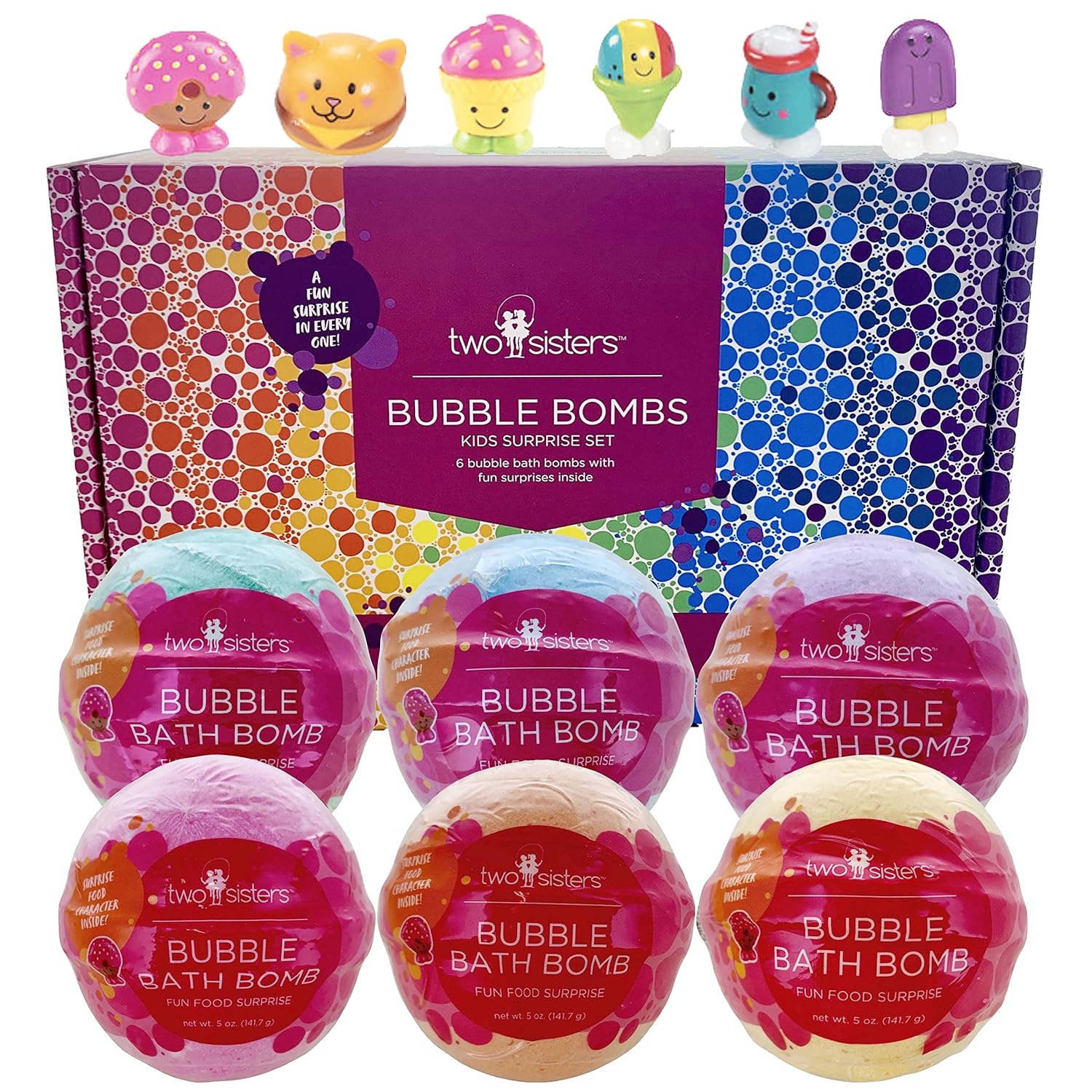 Fun Food Character Bubble Bath Bombs for Kids with Surprise Toys Inside for Boys and Girls by Two Sisters. 6 Large 99% Natural Fizzies in Gift Box. Releases Color, Scent, and Bubbles