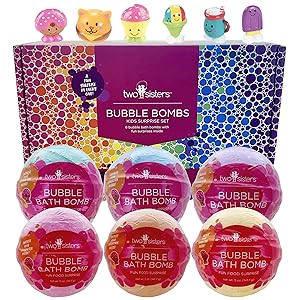 Fun Food Character Bubble Bath Bombs for Kids with Surprise Toys Inside for Boys and Girls by Two Sisters. 6 Large 99% Natural Fizzies in Gift Box. Releases Color, Scent, and Bubbles
