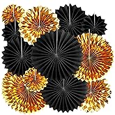 Black Gold Party Hanging Paper Fans - Wedding Anniversary Graduation 30th Birthday Bachelorette Retirement Christmas New Years Party Wall Hangings Photo Booth Backdrops Decorations, 12pc