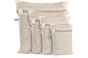 OKAKA 100% Cotton Mesh Laundry Bags, Premium Soft, No Dye, Set of 4, Natural
