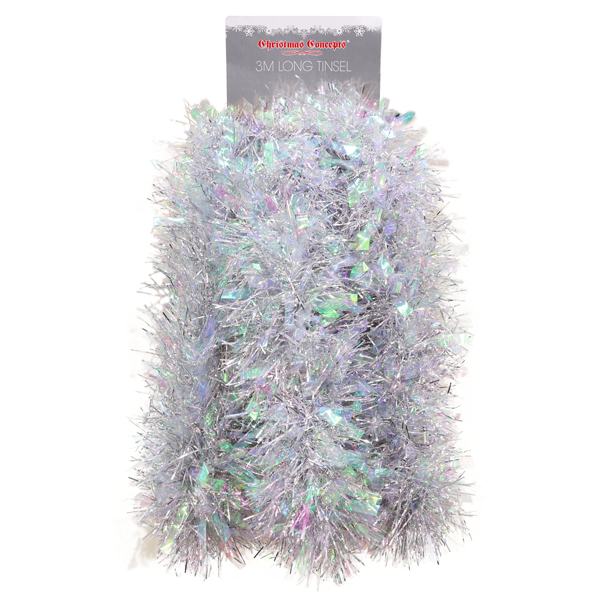 Christmas Concepts® 3m (9.10ft) Christmas Tinsel - Christmas Decoration Tinsel (SILVER AND IRIDESCENT)