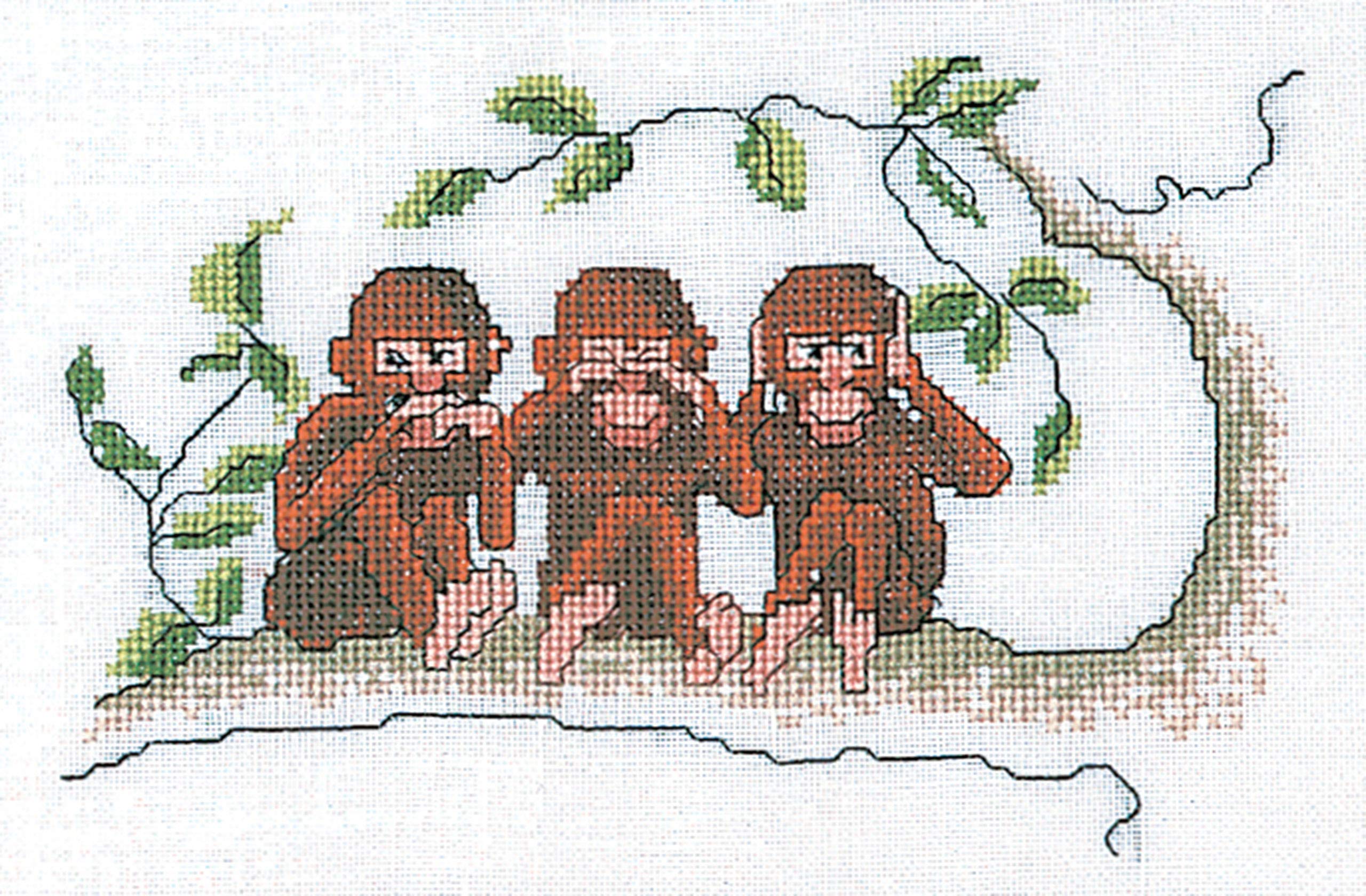 Thea Gouverneur - Counted Cross Stitch Kit - Three Wise Monkeys - Aida - 16 Count - Embroidery Kit for Adults - DMC Embroidery Threads and Other Cross Stitch Supplies Included - 1031A