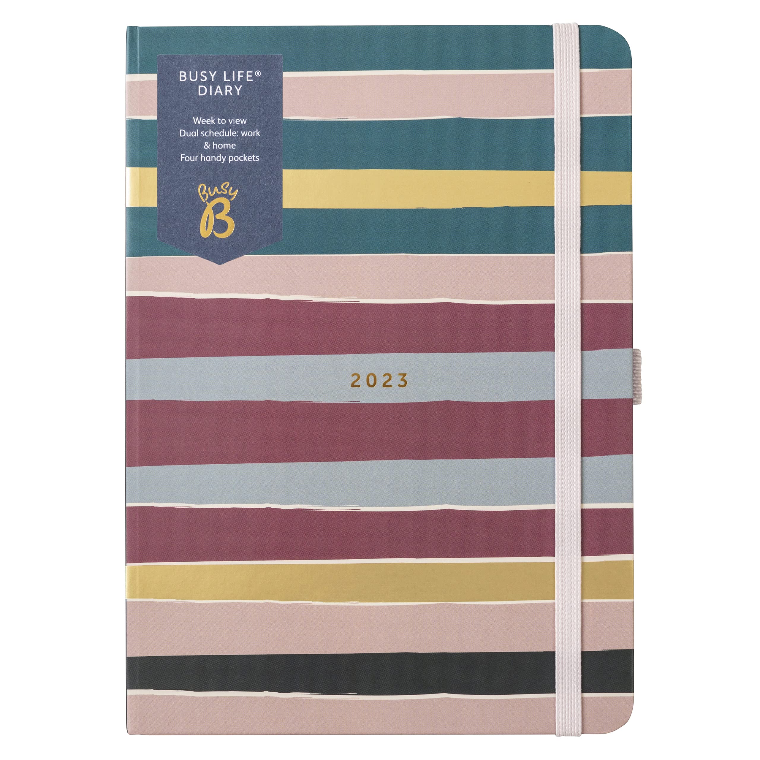 Busy B Busy Life Diary January to December 2023 - A5 Stripe - Week to View Planner with Dual Schedules, Pen holder and Pockets