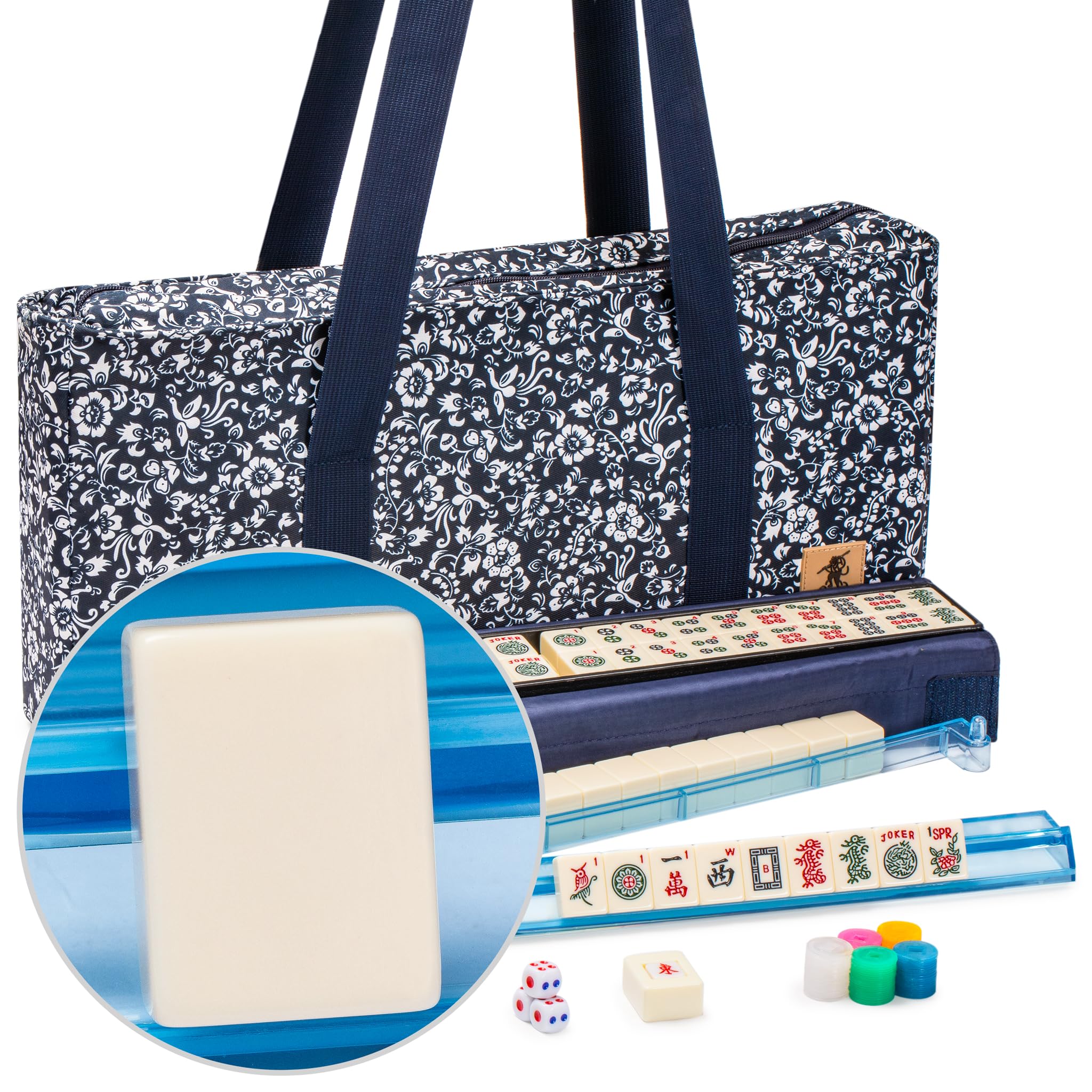 Yellow Mountain Imports American Mahjong Game Set, Blue Calico with Floral Blue Soft Case - All-in-One Racks with Pushers, Wright Patterson Scoring Coins, Dice, and Wind Indicator
