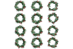 Artflower 12 Pcs Christmas Candle Rings Wreath Small Christmas Wreath with Red Artificial Berry Christmas Pine Wreath Candle Holder Rings for Christmas Holiday Table Decorations (3 inch)