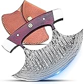 Handmade Alaskan Ulu Knife with Leather sheath – Full Tang Damascus Steel ulu knives with Leather Sheath, Mezzaluna Vegetable Chopper & Pizza Cutter for Kitchen, Camping & BBQ, Gifts for Men (Red)