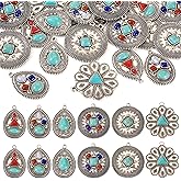 Spritewelry 24Pcs Turquoise Charms Western Charms for Jewelry Making Vintage Antique Silver Pendants Teardrop Flower Flat Round Dangle for Bohemian Necklace Earring Making