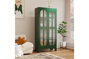 PAOFIN 61.02" Metal Display Storage Cabinet,Tall Kitchen Pantry Cabinets with Cross Acrylic Glass Doors and Adjustable Shelves,Freestanding Storage Cupboard for Kitchen, Living Room(Green)