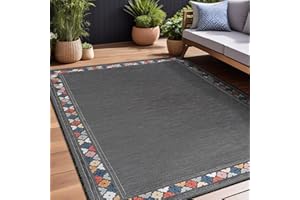 Beverly Rug Outdoor Rug 5x7 Bordered Modern Floral Area Rugs for Indoor and Outdoor Patio Easy to Clean Non Shedding Living Room Porch Garden Washable Outside Carpet (5 x 7 Dark Gray)