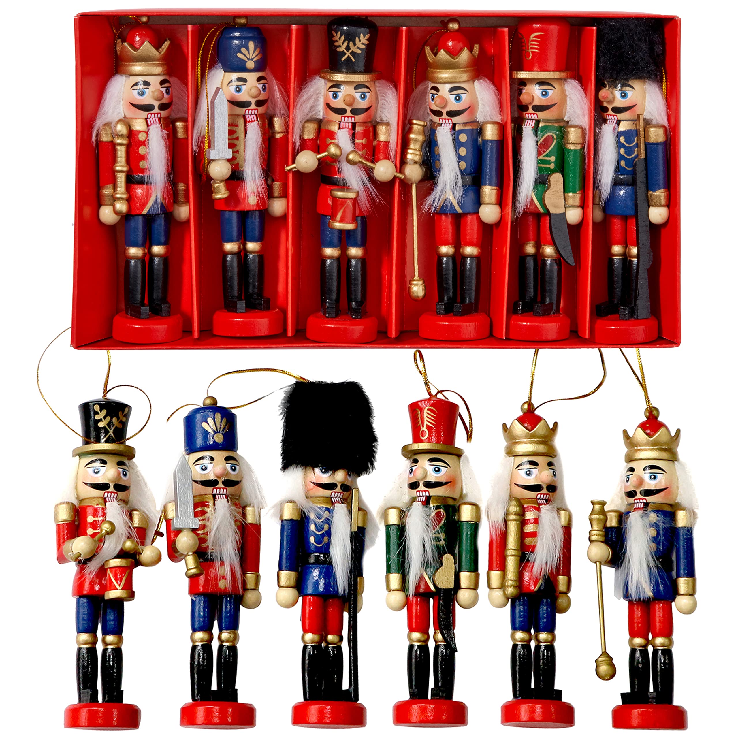 THE TWIDDLERS 6 Wooden Chrismas Nutcracker Soldier Ornaments, 13cm / 5" - Tree Hanging Nutcracker Christmas Decorations in Festive Xmas Designs, Mini Christmas Tree Decorations