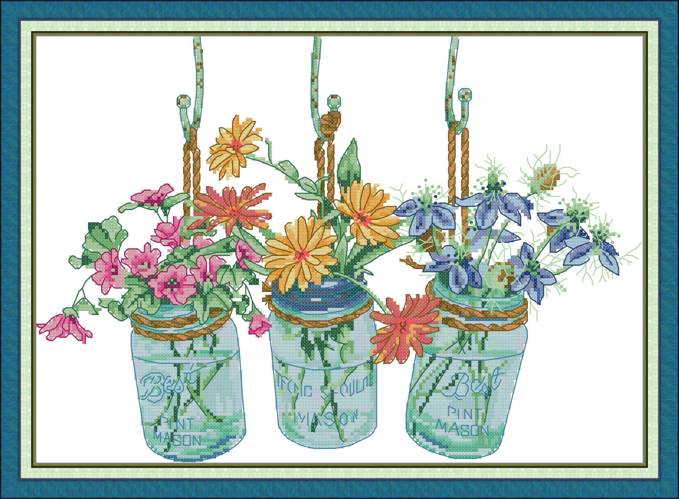 CaptainCrafts Cross Stitch Kits for Adults Flowers Counted Cross Stitch Unpreprinted Fabric Embroidery Kits Needlework Crafts (Unpreprinted 14CT, Three vase of Flowers)