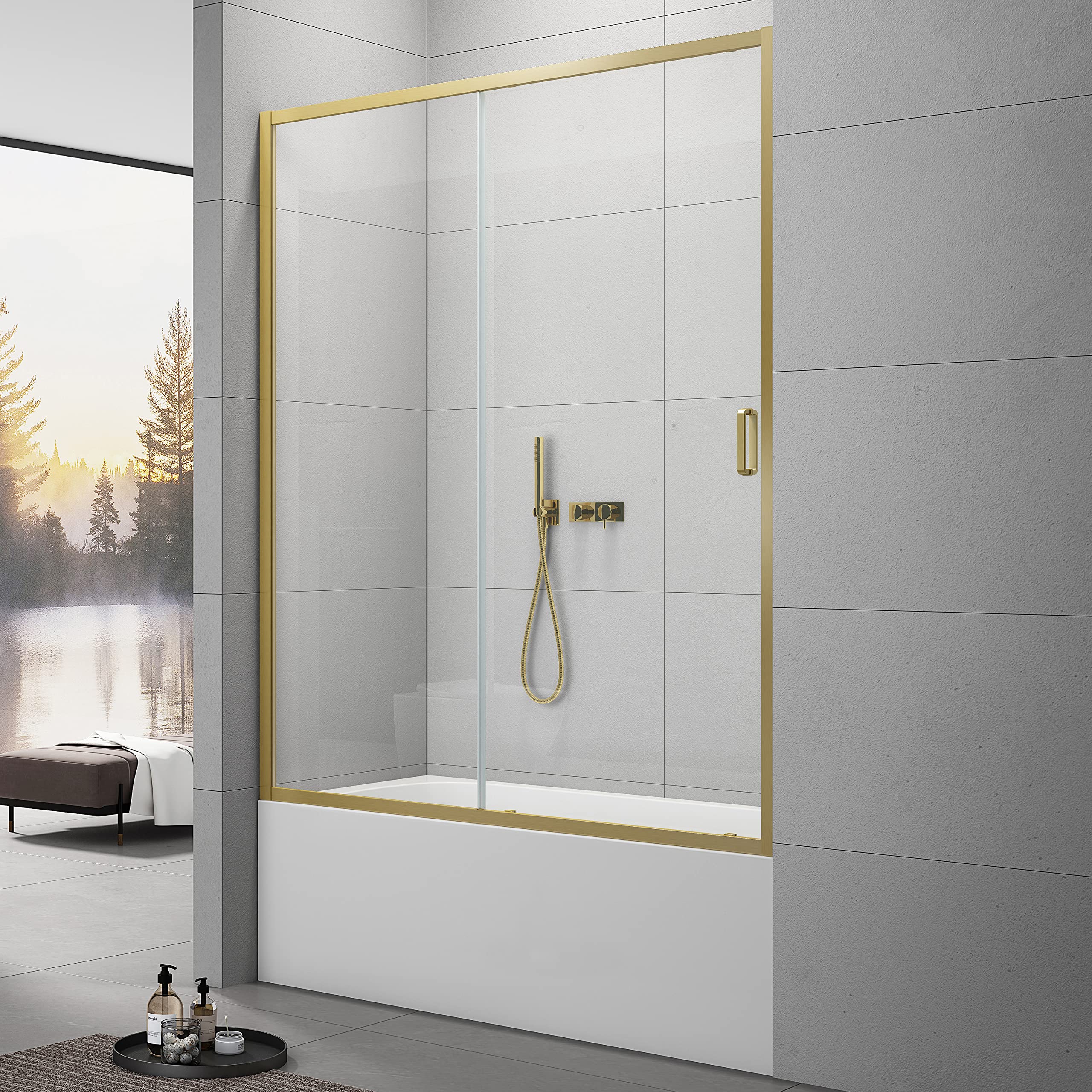 Photo 1 of ***TRUCK/TRAILER PICKUP ONLY***Sunrosa Framed Tub Shower Door 59" x 60", Single Sliding Bathtub Glass Door with 1/4 Inch (6mm) Clear Tempered Glass in Brushed Gold, Tub Door for Bathroom