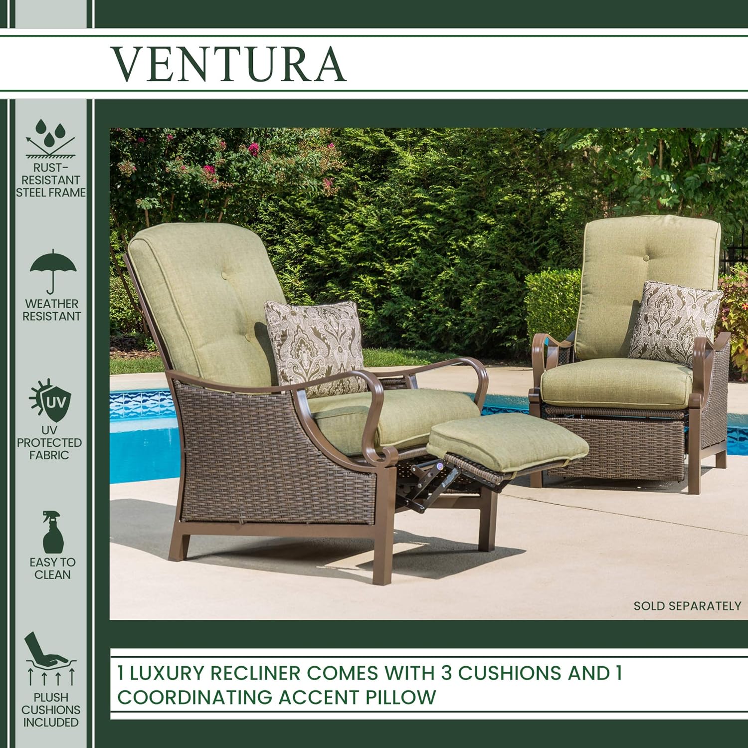 Hanover Ventura Outdoor Patio Recliner with Hand-Woven Wicker, Rust-Resistant Frames, and Thick Vintage Meadow Green Cushions, VENTURAREC: Garden & Outdoor