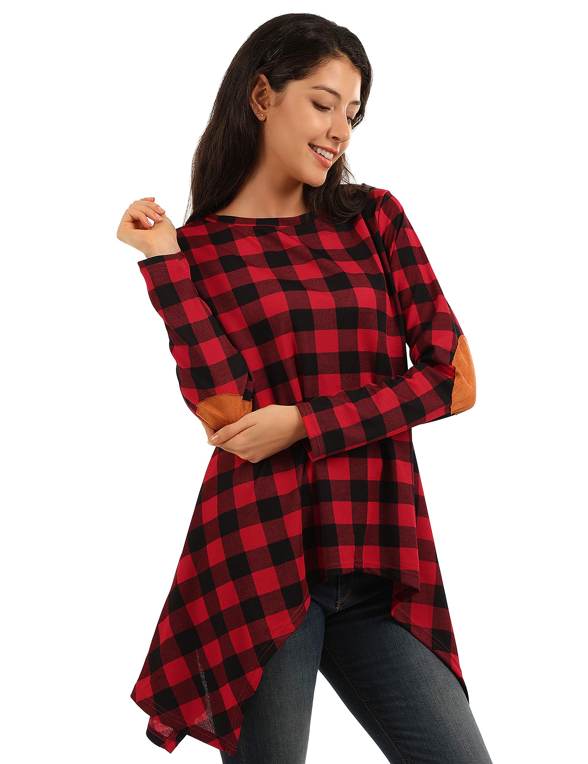 Blooming Jelly Womens Checked Plaid Shirt Long Sleeve Elbow Patch Tunic Color Block Casual Knit Top (x-Large, red Plaid)