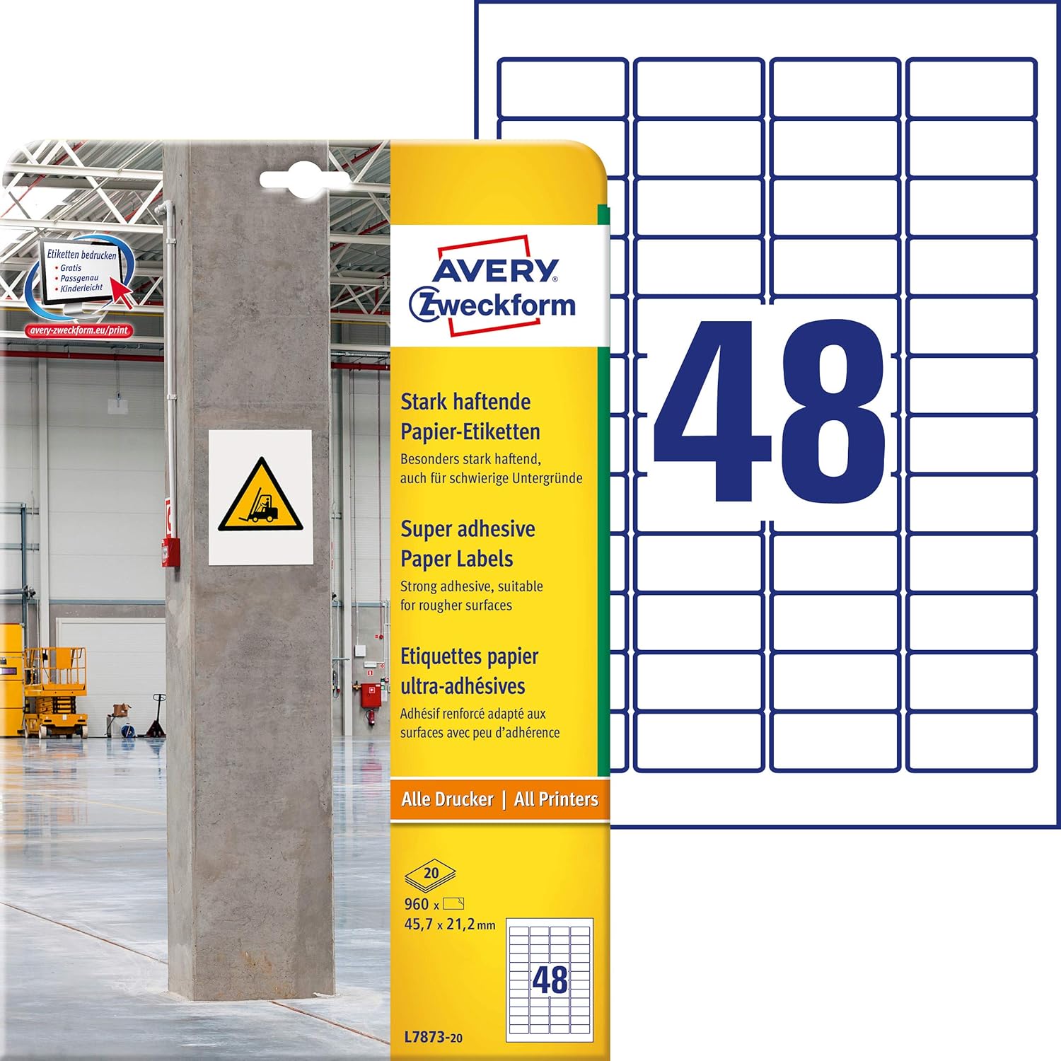AVERY Zweckform L7873-20 Strong Adhesive Labels (960 Stickers, 45.7 x 21.2 mm on A4, Extremely Strong Self-Adhesive