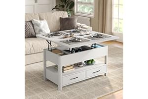 WODNITURE Lift Top Coffee Table with Drawers and Hidden Compartment, Coffee Table Converts to Dining Table for Living Room, W