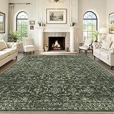 Washable Area Rug 8x10 Green Rugs for Living Room, Vintage Boho Large Rug for Bedroom Dining Room Office, Distressed Floral Print Carpet for Under Table, Soft Non Slip Low Pile Throw Carpet Indoor Mat