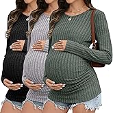 Sweetyweee 3 Pack Maternity Shirts Ribbed Long Sleeve Maternity Sweater Crew Neck Pregnancy Clothes for Women Thermal Top