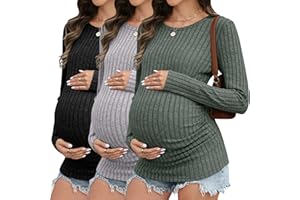 Sweetyweee 3 Pack Maternity Shirts Ribbed Long Sleeve Maternity Sweater Crew Neck Pregnancy Clothes for Women Thermal Top