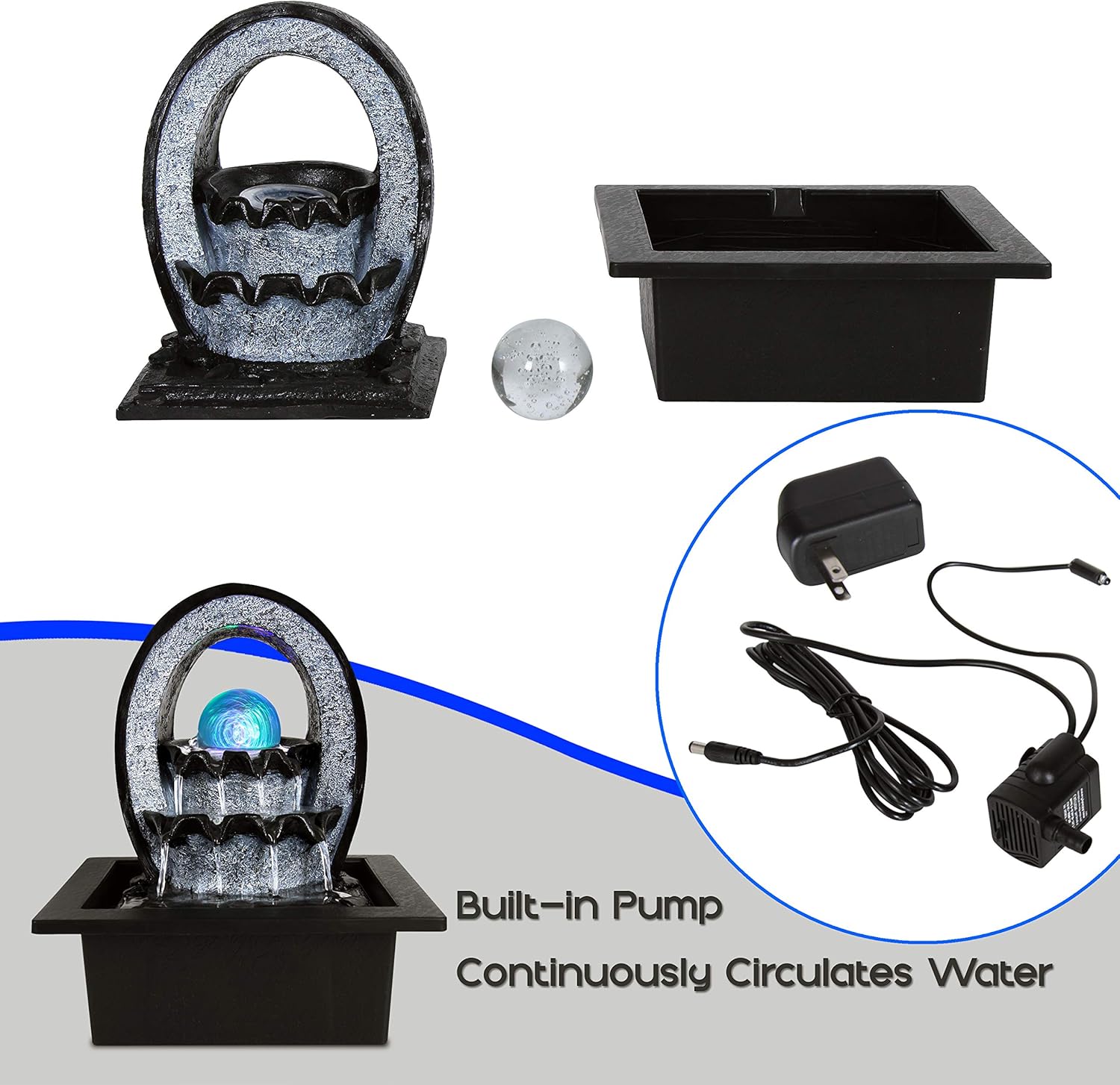 Electric Tabletop Water Fountain Decoration - 2-Tier Indoor Outdoor Portable Desktop Decorative Waterfall Kit w/LED Illuminated Crystal Ball Accent, Include Submersible Pump, 12V Adapter - SereneLife