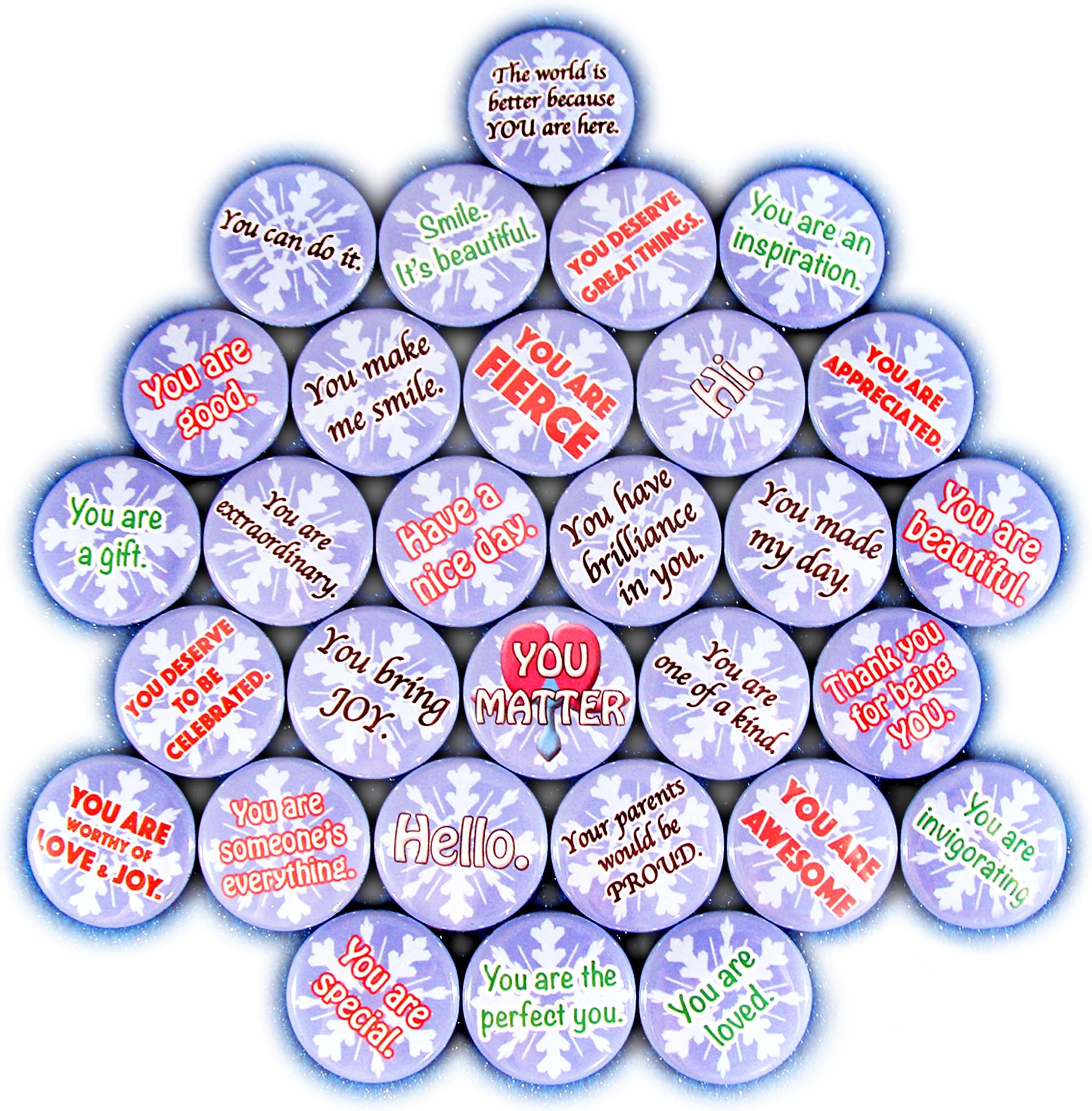 "Love Saves Lives" Mini Pins - Snowflake Edition. (1" Pins, 30 piece set)