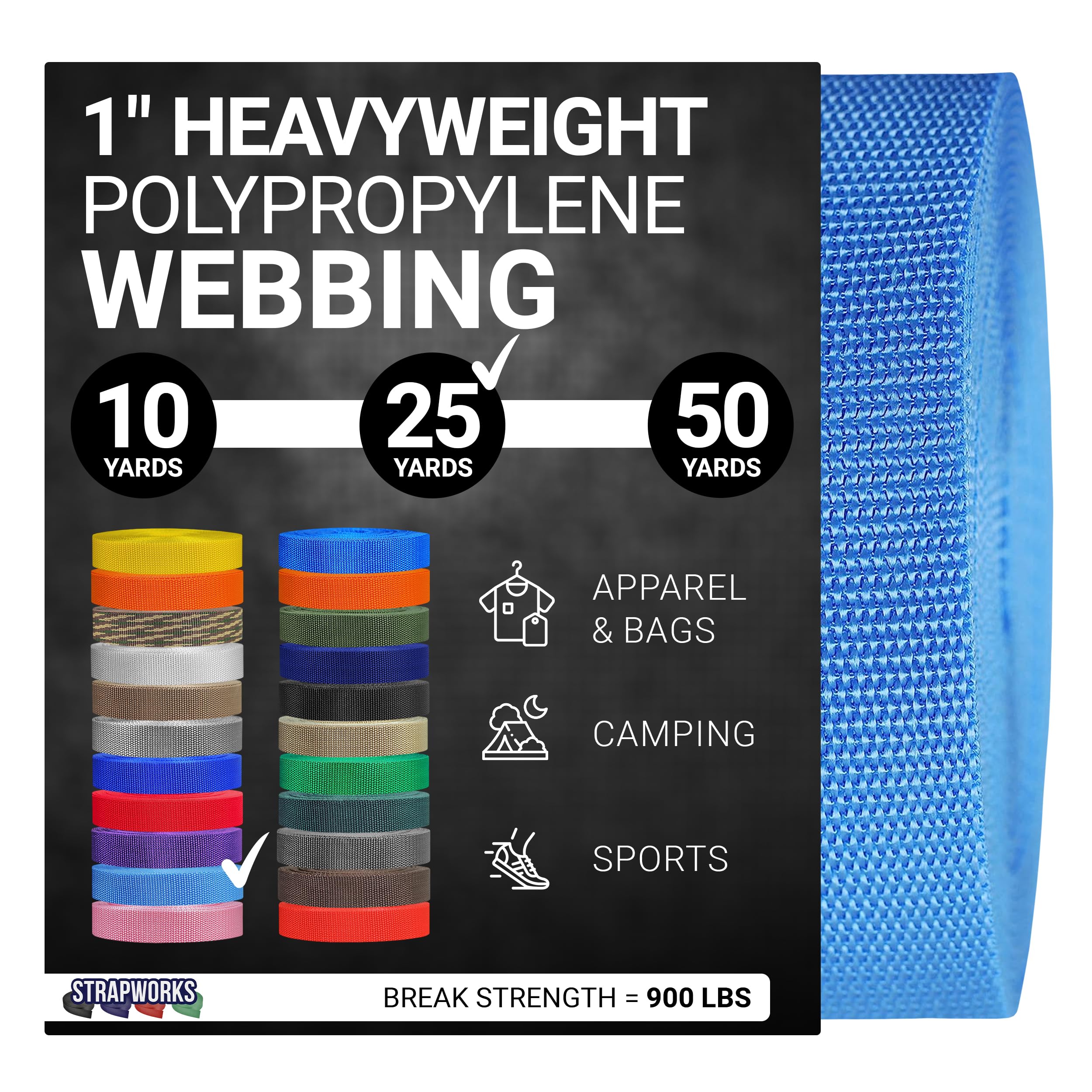 Strapworks Heavyweight Polypropylene Webbing - Heavy Duty Poly Strapping for Outdoor DIY Gear Repair, 1 Inch x 25 Yards - Powder Blue