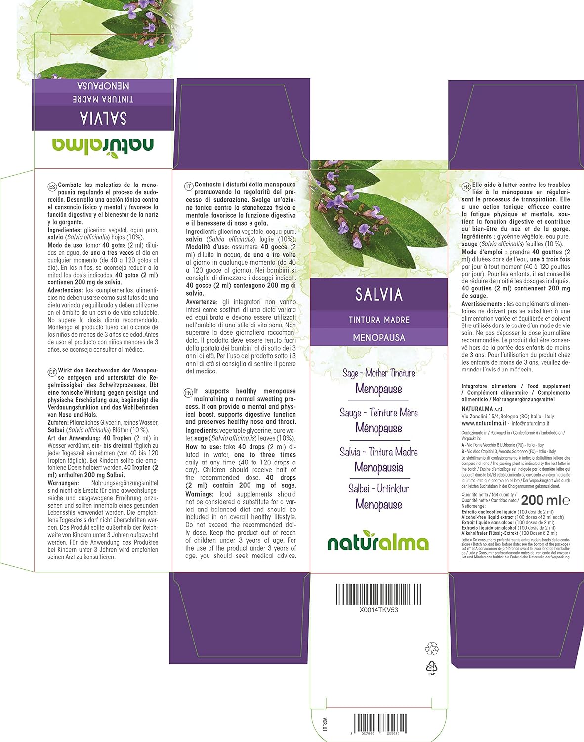 Sage (Salvia officinalis) Leaves Alcohol-Free Mother Tincture Naturalma - Liquid Extract Drops 200 ml - Food Supplement - Vegan - Image 3