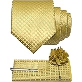 JEMYGINS Mens Solid Color Plaid Tie and Lapel Pin Necktie Pocket Square and Tie Clip with Sets for Business Casual 4PCS