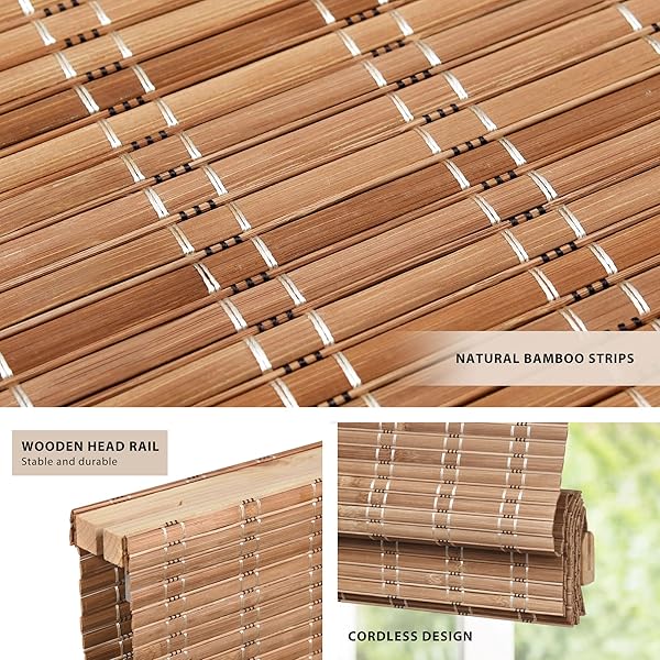 LAZBLINDS NO TOOLS NO DRILL CORDLESS BAMBOO ROMAN SHADES, LIGHT FILTERING WINDOW TREATMENT, ROLL UP BAMBOO BLINDS FOR WINDOWS 32” W X 64” H, BROWN