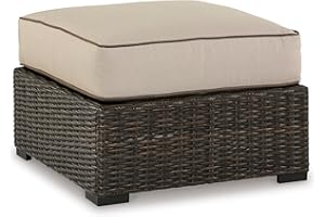 Signature Design by Ashley Coastline Bay Outdoor Patio Nuvella Weather Resistant Fabric, Resin Wicker Ottoman with Cushion, Beige & Dark Brown