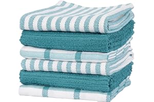 KAF Home Premium Kitchen Towels (18" x 28", 6 pack), Large 100% Cotton, Flat & Terry Absorbent Dish Towel Set (Teal)