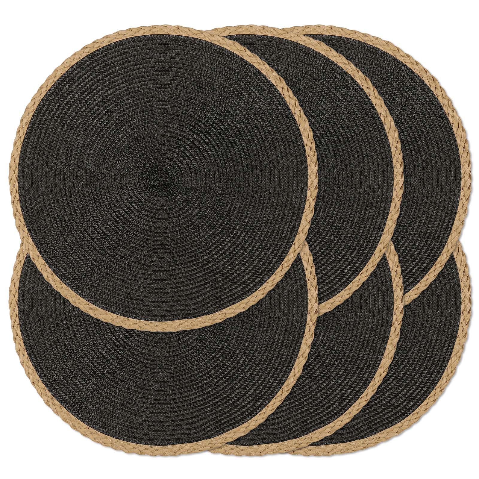 Photo 1 of Noctiflorous Round Placemats Set of 6, 15 inch Braided Hand Woven Table Mats, Heat Resistant Non-Slip Wipeable Place Mats for Kitchen Dining Indoor Outdoor Use(Brown Thin Edge, Black, 6)