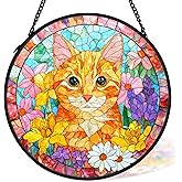 cvjutf Orange Cat Suncatcher Stained Glass Window Hanging Decor Ornaments, Orange Tabby Cat Owner Memorial Sun Catchers Wall Art Gifts for Women, Floral Flower Garden Stained Glass Decor, 7.9x7.9In