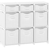 9 Cube Storage Organizer With Bins Included - Closet Storage With 9 Storage Bins - Easy To Assemble Storage Unit With Drawers - Closet Organization For Clothes, Bedroom, Nursery, & Toys (White-Grey)