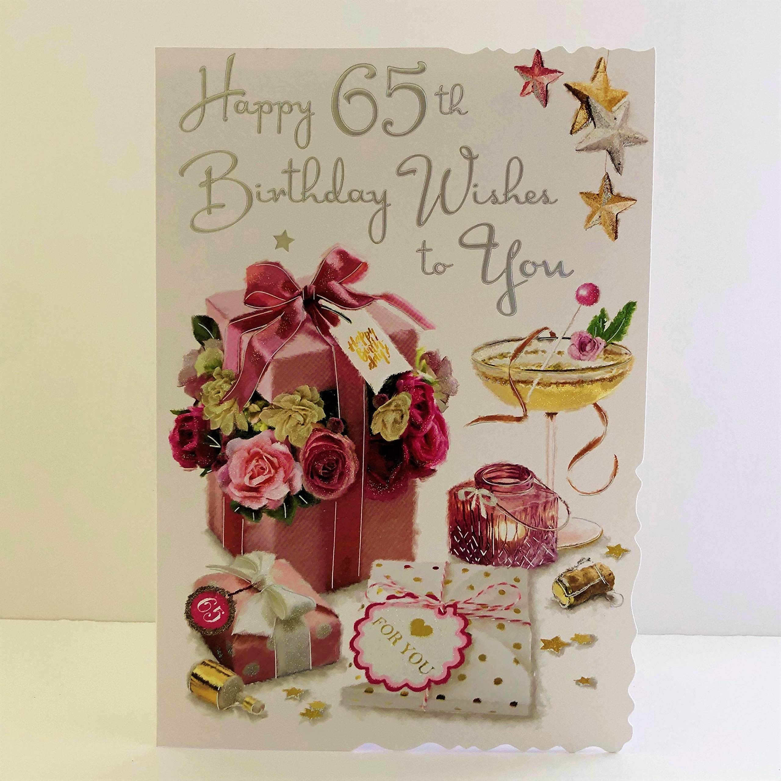 Jonny Javelin Female Age 65 65th Birthday Wishes Card - Champagne Present Cupcake Flowers