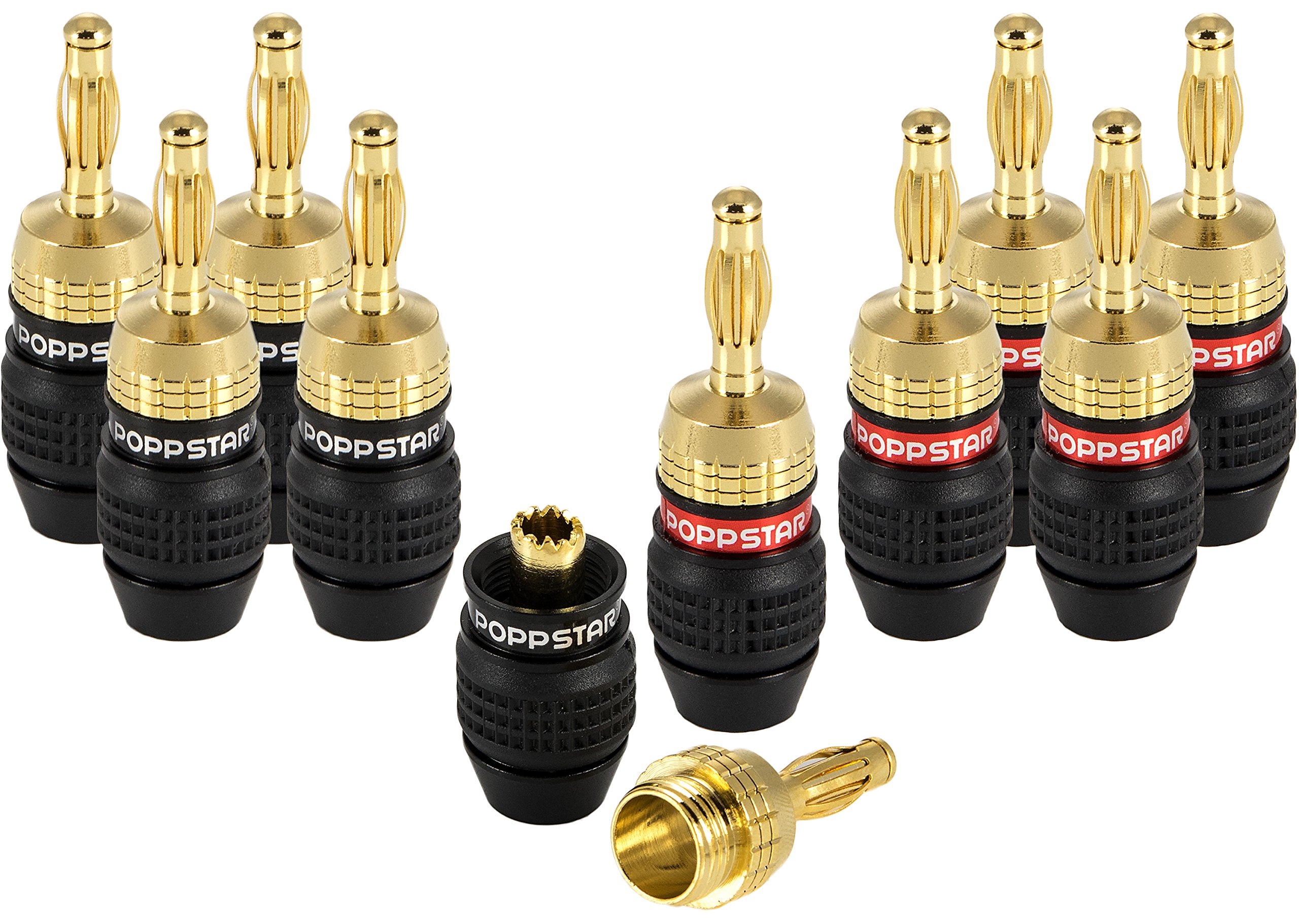 Poppstar 10x High End Banana Plugs (shielded, up to 6 mm², 24k gold-plated, 5x black, 5x red)