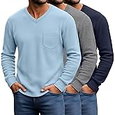 August Alley 3 Pack Men's Waffle Thermal Long Sleeve Shirts V Neck Lightweight Tops Casual Pullover Undershirts with Pocket