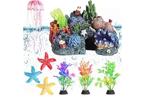 OSOPOLA 8 PCS Aquarium Decorations Set Landscape Simulation Water Plants Coral Rockery Starfish Fish Tank Accessories Decor Rock Cave Hideout Plastic Aquatic Plants Artificial Ornaments FD07
