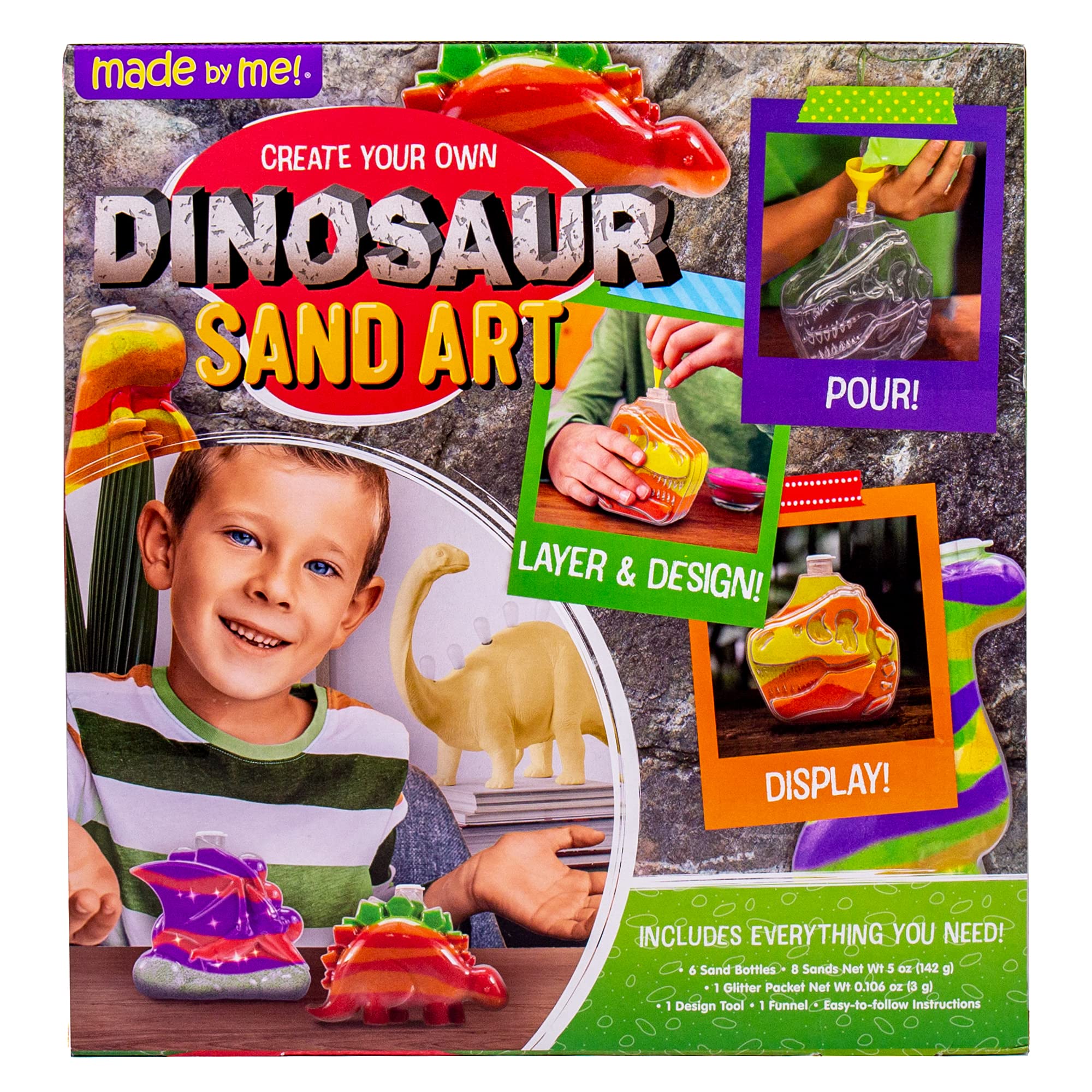 Made By Me Create Your Own Dinosaur Sand Art by Horizon Group USA, Includes 6 Dino-Themed Bottles with Caps, 8 Sand Colors, Glitter, Funnel & More, Multi