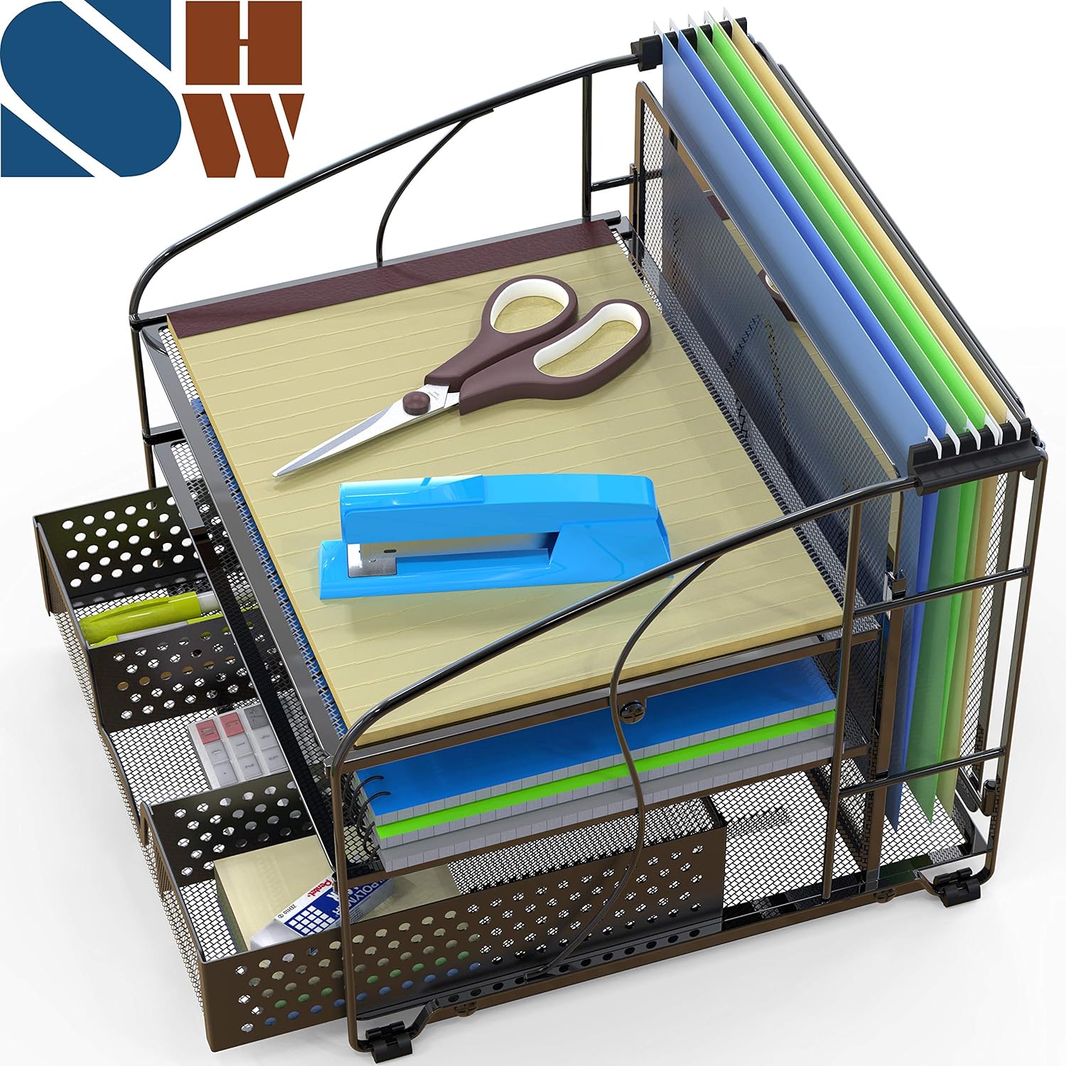 SimpleHouseware Desk Organizer 3 Tray w/Sliding Drawer and Hanging File Holder, Black : Office Products