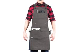 Hudson Durable Goods Woodworking Edition Waxed Canvas Tool Apron for Men and Women, Heavy Duty Work Apron with Front Pockets, Adjustable Padded Straps, Quick Release Buckle, Crossback - One Size, Grey