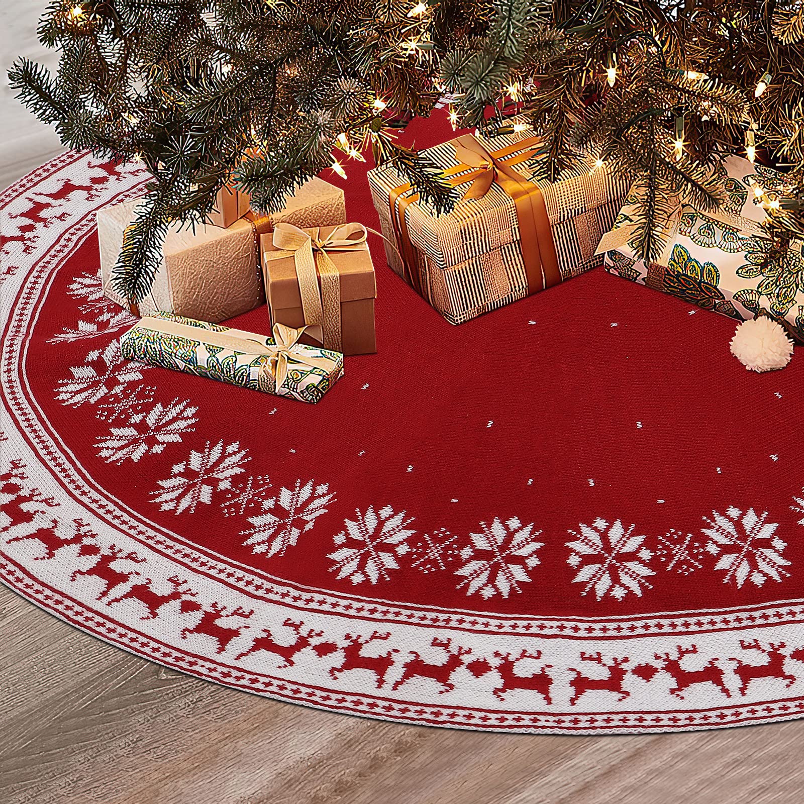 Dremisland Large Christmas Tree Skirt, 36 Inch Rustic Knitted Christmas Tree Mat with Snowflake Reindeer Red Thick Knit Xmas Tree Skirts Base Cover for Home Party Holiday Indoor Outdoor Decoration