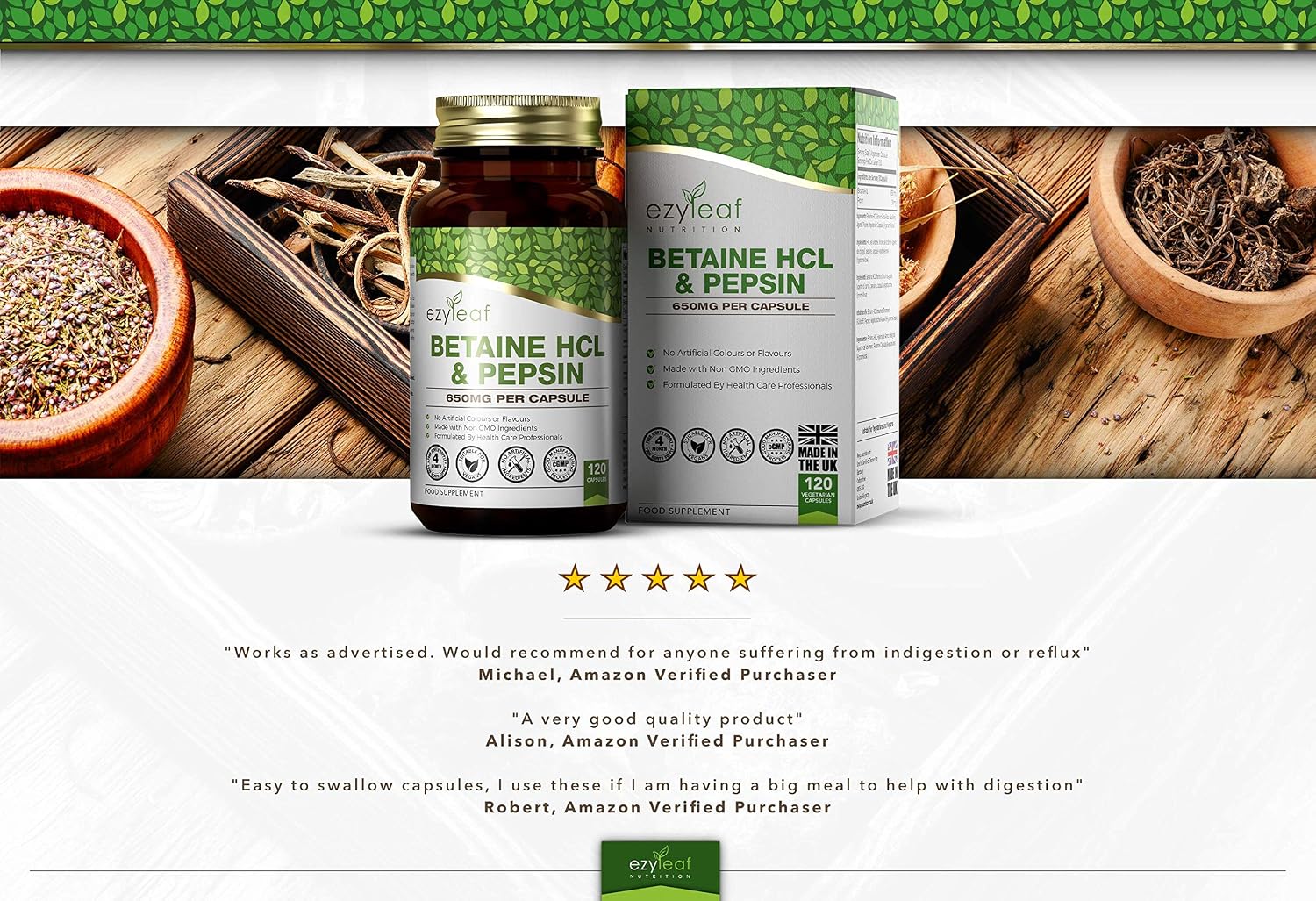 Ezyleaf Betaine HCL with Pepsin 650mg, 120 count (Pack of 1) - Image 5