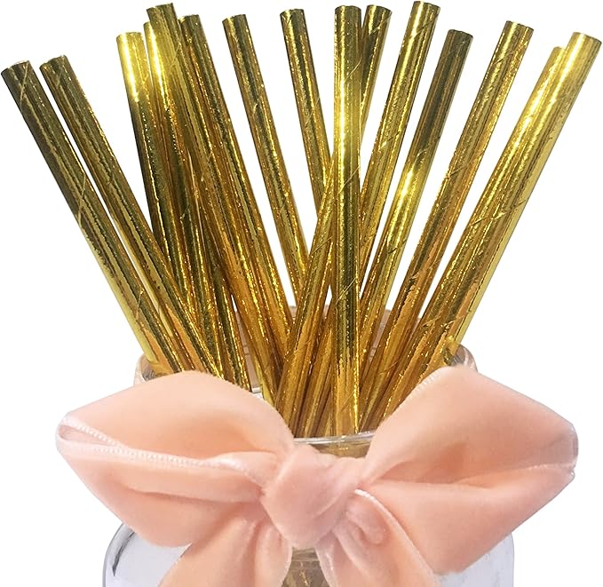 Gold Drinking Straws, Metallic Golden Paper Straws for Wedding